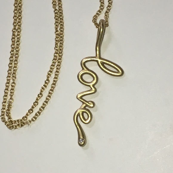 Word love Script Cursive Diamond Pendant Solid 14K Yellow Gold Chain Necklace - Picture 7 of 9